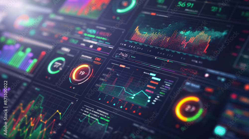 Close-up of a digital dashboard showing predictive maintenance alerts and data, vibrant colors and clear metrics, left third copy space Close-up of a digital dashboard showing predictive maintenance alerts and data, vibrant colors and clear metrics, left third copy space