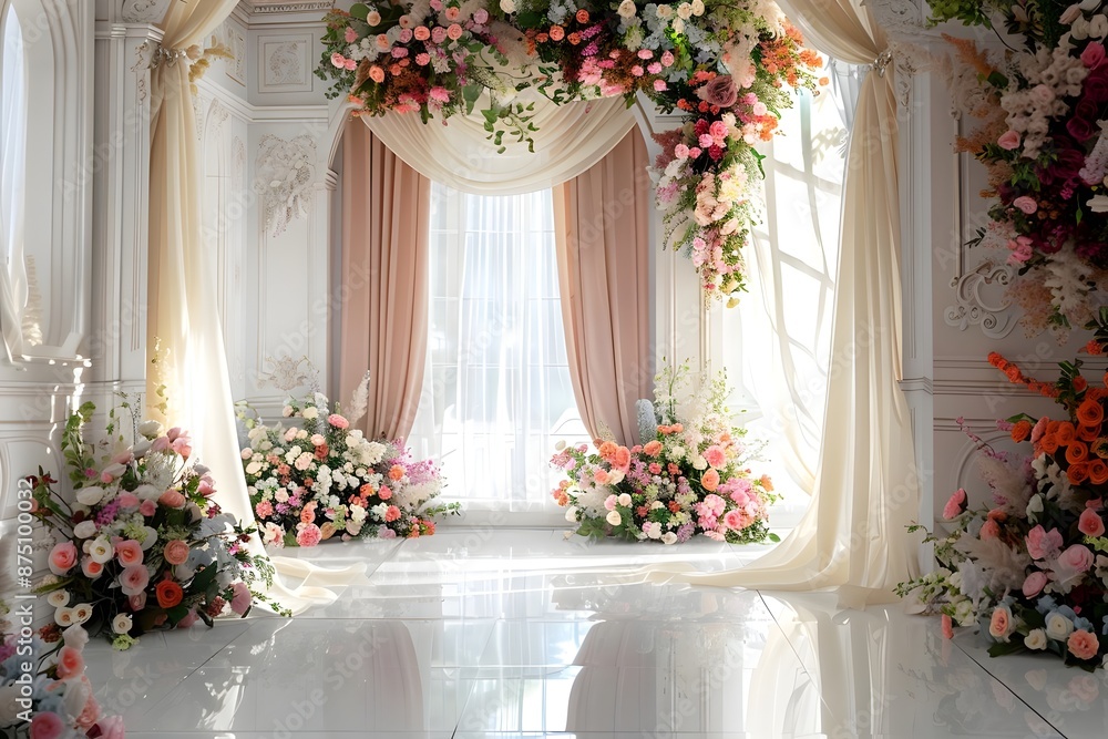Background wedding with floral and view outside from windown generative AI Background wedding with floral and view outside from windown generative AI
