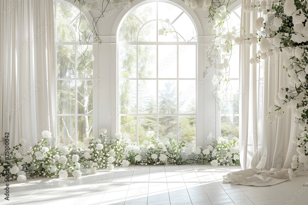 Background wedding with floral and view outside from windown generative AI Background wedding with floral and view outside from windown generative AI