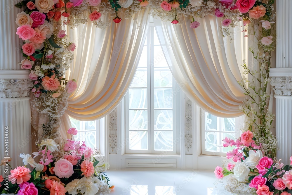 Background wedding with floral and view outside from windown generative AI Background wedding with floral and view outside from windown generative AI