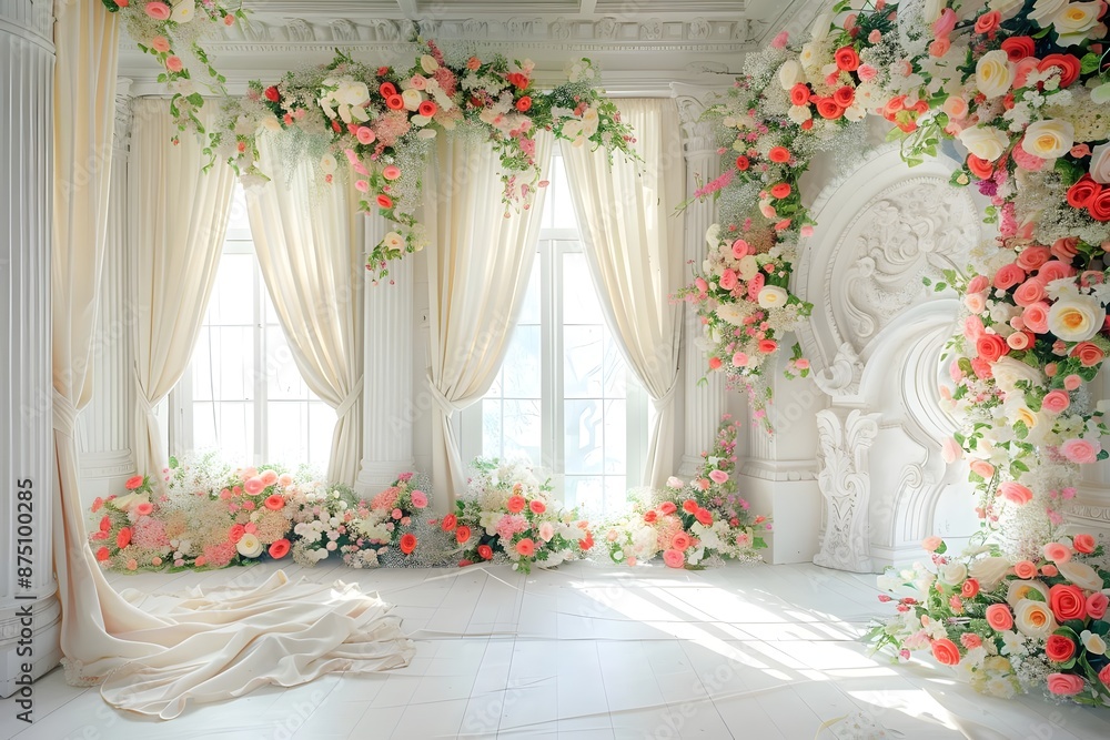 Background wedding with floral and view outside from windown generative AI Background wedding with floral and view outside from windown generative AI