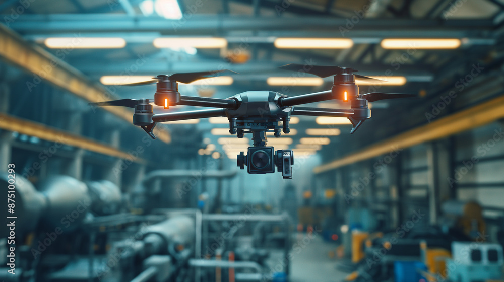 Drone inspecting industrial equipment with AI-based analysis tools, flying in a well-lit factory, upper third copy space Drone inspecting industrial equipment with AI-based analysis tools, flying in a well-lit factory, upper third copy space