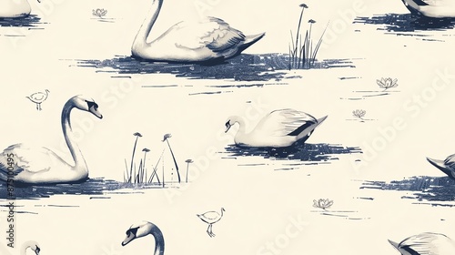 Fototapeta Naklejka Na Ścianę i Meble -  Stylish monochromatic hand-drawn wildlife seamless pattern featuring elegant swans and serene pond scenes