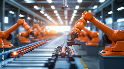 Wallpaper Mural Assembly line with AI-controlled machines optimizing production, bright lights and streamlined operation, right third copy space Torontodigital.ca