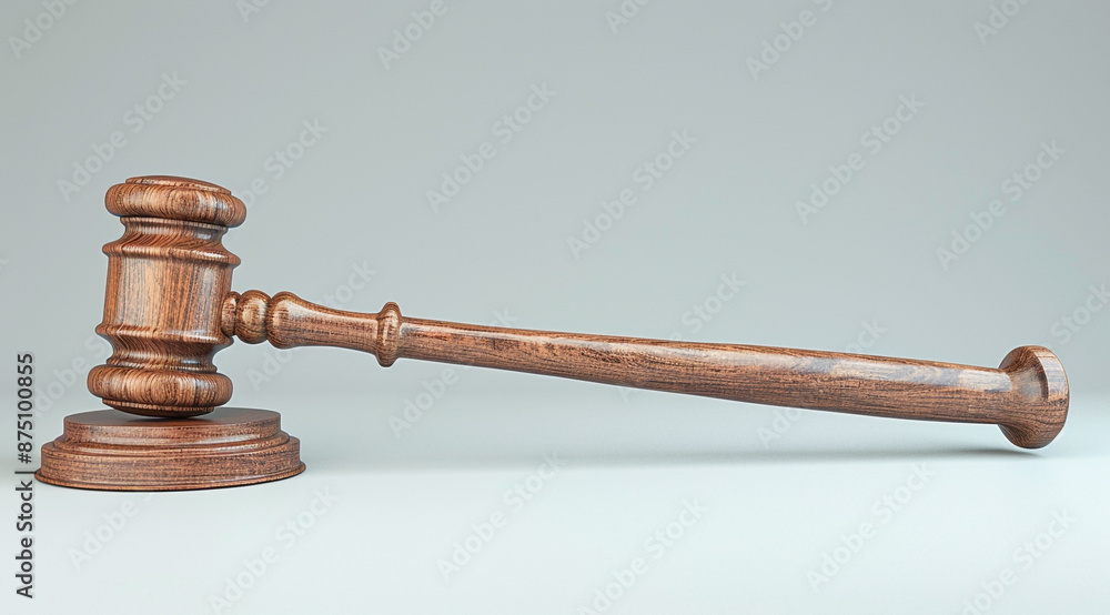 A gavel with a wooden handle on a table against a gray background, in the stock photo style A gavel with a wooden handle on a table against a gray background, in the stock photo style