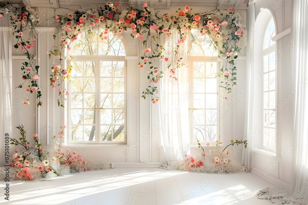 Background wedding with floral and view outside from windown generative AI Background wedding with floral and view outside from windown generative AI