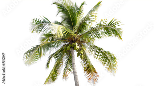 Coconut palm tree with green coconuts against a white background.