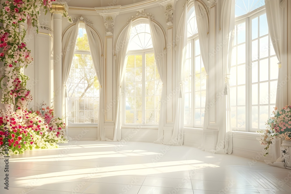 Background wedding with floral and view outside from windown generative AI Background wedding with floral and view outside from windown generative AI