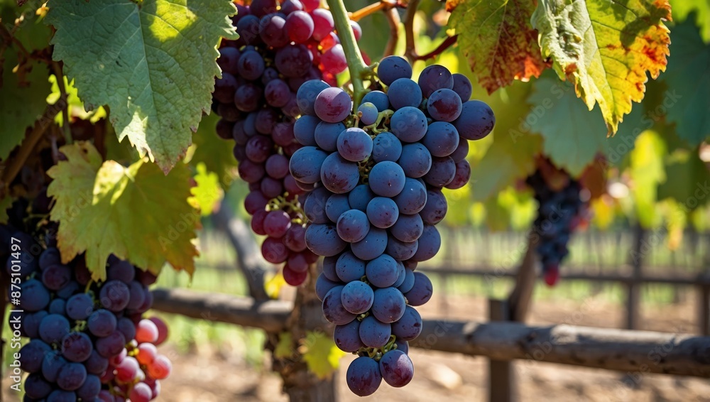 In a sun-drenched vineyard, vibrant clusters of ripe grapes hang from the vines, promising the rich flavors of summer's bounty captured in each plump In a sun-drenched vineyard, vibrant clusters of ripe grapes hang from the vines, promising the rich flavors of summer's bounty captured in each plump
