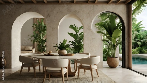 Ultra realistic  photo of Modern take on upscale bali inspired small condo white cream stone, light wood round arches interor view of k8tchen table set with tropical foliage