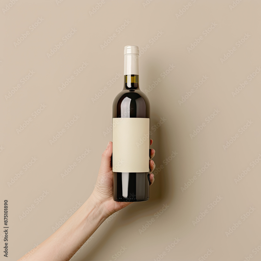 Male hand holding bottle of wine, isolated on beige background Male hand holding bottle of wine, isolated on beige background