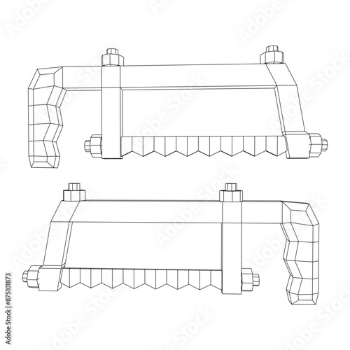 Hacksaw manual or Hand hacksaw. Wireframe low poly mesh vector illustration