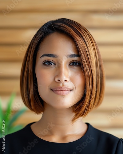 Woman with a sleek, straightened hairstyle, [sleek hair], [hair transformation] photo