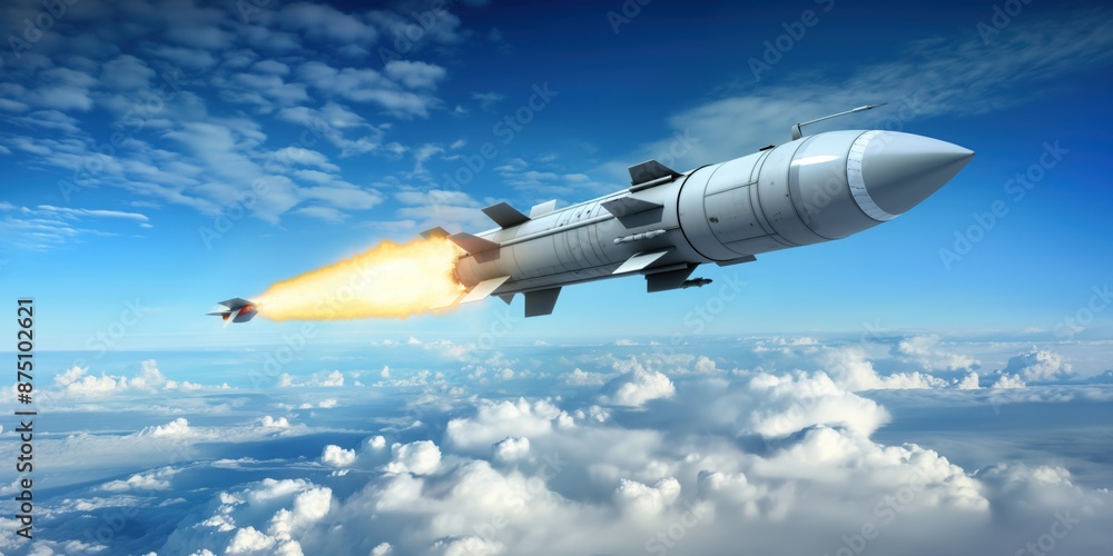 Fototapeta premium A photo of a missile soaring through the sky with clouds in view. The sleek design is accentuated against the blue background, and a powerful jet flame emanates from the back end. Space travel concept