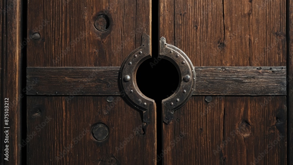 Fototapeta premium A high resolution graph of a keyhole on an old wooden door, with a view inside showing a fantastical