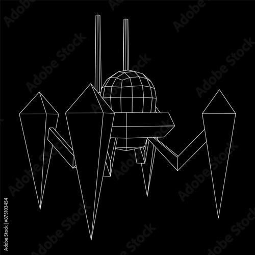 Spider robot with radar antenna. Nanobot, nanotechnology medical concept. Wireframe low poly mesh vector illustration
