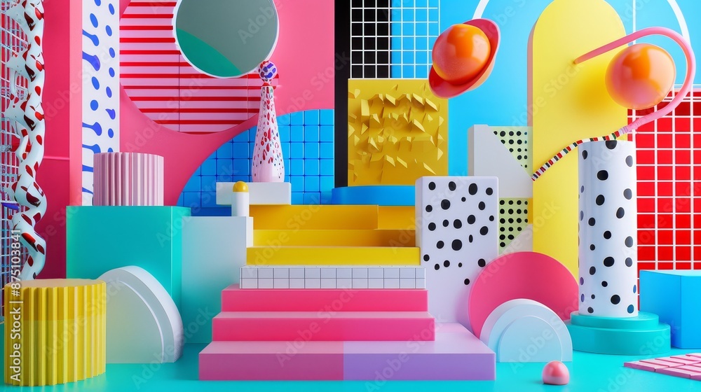 Playful and quirky Memphis style art in a neon colored 3D render AI generated illustration Playful and quirky Memphis style art in a neon colored 3D render AI generated illustration