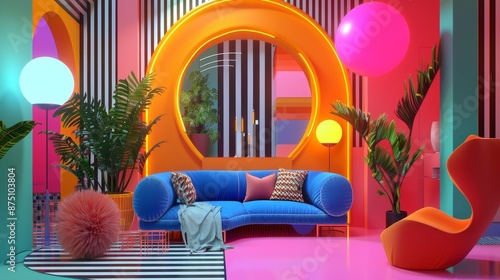 Fototapeta Naklejka Na Ścianę i Meble -  Playful and quirky Memphis style art in a neon colored 3D render  AI generated illustration