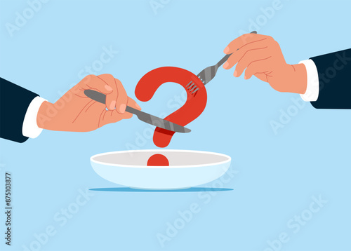 Arms hold fork knife  at table looking at empty plate with big question. Flat vector illustration