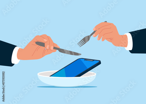 Smartphone addiction. Arms hold fork knife eat smartphone. Mobile Knife and fork, eating. Flat vector illustration