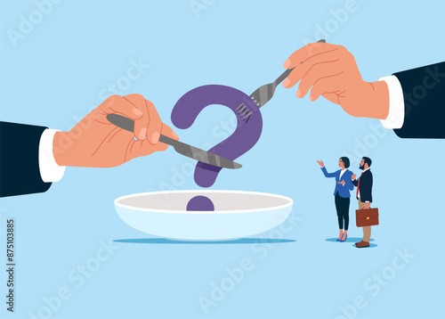 Business people hold fork knife  at table looking at empty plate with big question. Flat vector illustration