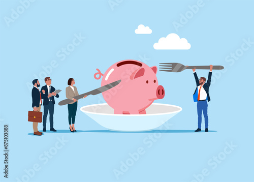 Spending savings, food expenses. Business people holding knife and fork above piggy bank on a plate. Pink piggy on the plate with fork and knife. Flat vector illustration
