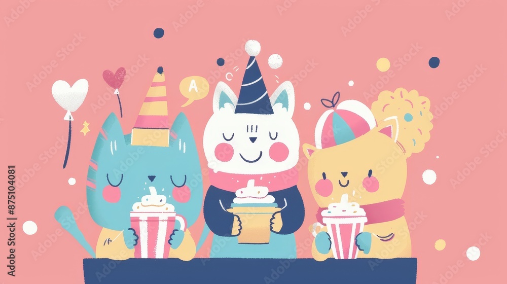 Playful characters enjoying coffee in a whimsical and cute style AI generated illustration Playful characters enjoying coffee in a whimsical and cute style AI generated illustration