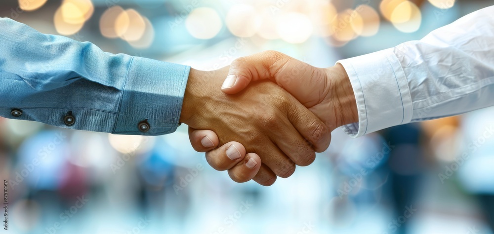 handshake symbolizing partnership, agreement, business deal, and cooperation. Blurred background with lights for a professional setting, Strong support from your broker ensures a successful agreement handshake symbolizing partnership, agreement, business deal, and cooperation. Blurred background with lights for a professional setting, Strong support from your broker ensures a successful agreement