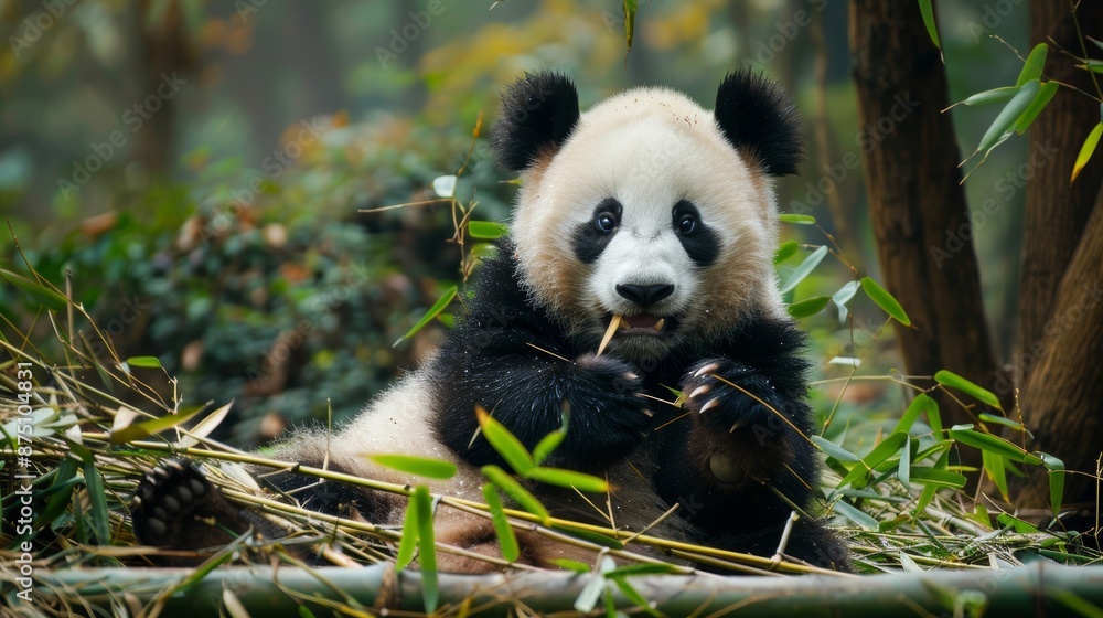 Fototapeta premium Precious panda munching on bamboo AI generated illustration