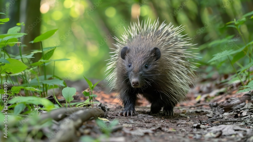 Fototapeta premium Prickly porcupine roaming through the woods AI generated illustration
