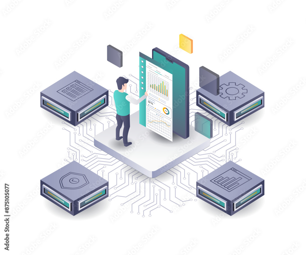 Server Technology Data Analysis Hub flat isometric illustration Server Technology Data Analysis Hub flat isometric illustration