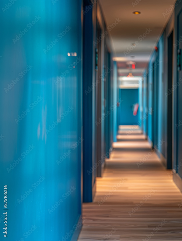Fototapeta premium Long, blue hallway with modern design and perspective.
