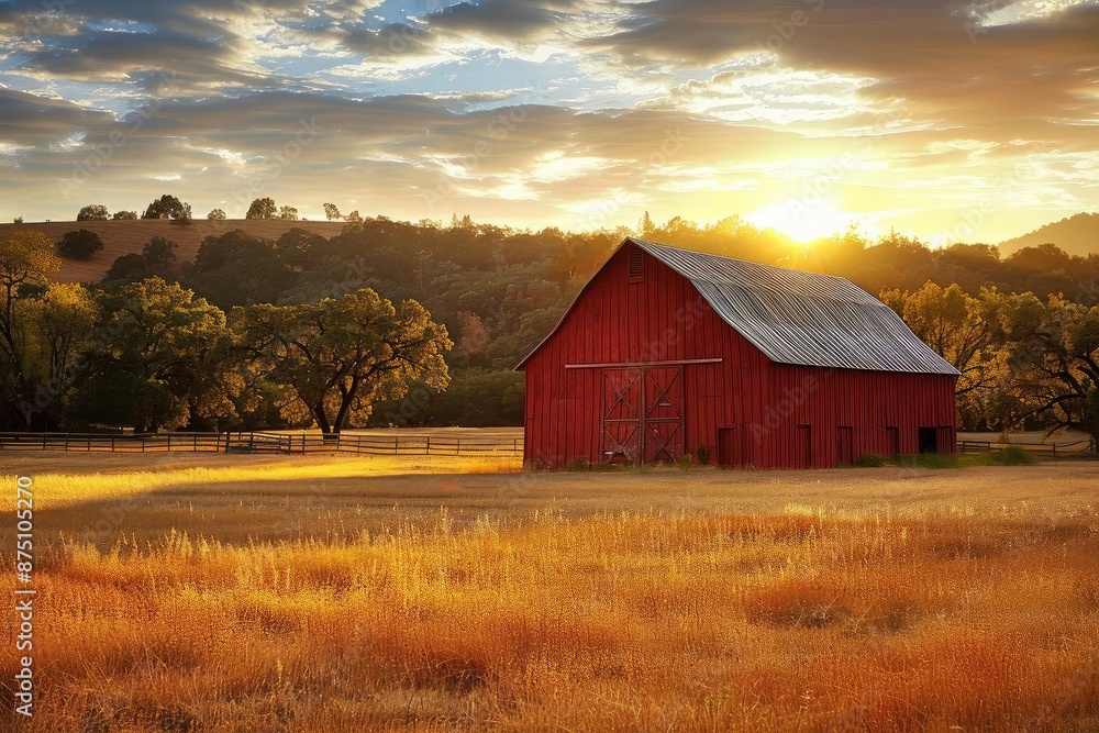 Scenic sunset over a red barn in a serene countryside field, with golden grass and rolling hills in the background. Scenic sunset over a red barn in a serene countryside field, with golden grass and rolling hills in the background.