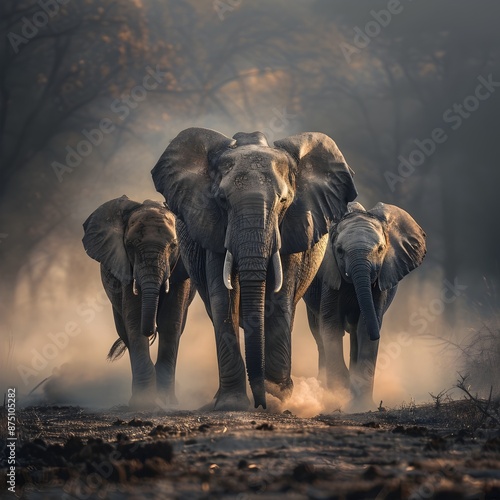 Majestic Elephant Family Traversing Hazy Savannah Landscape