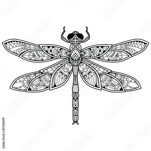 Hand drawn of dragonfly in zentangle style