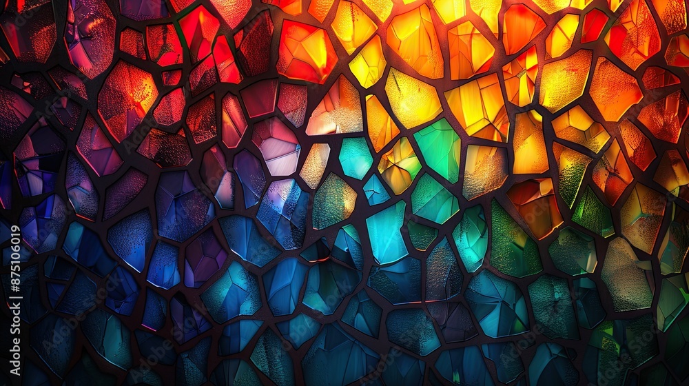 A colorful mosaic of glass pieces with a blue and green background A colorful mosaic of glass pieces with a blue and green background