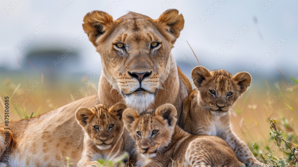 Obraz premium Regal lioness protecting her cubs AI generated illustration