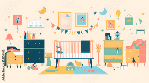 A colorful room with a crib, a dresser, and a nightstand