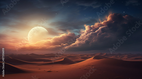 ฺCreation. Genesis 1 – 2:4. Background of the black night sky, the full moon bathed the landscape in moonlight, creating a fantasy scene where stars twinkled in a display of natural astronomy. photo