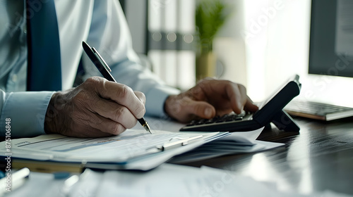 A businessman working at a desk, using a calculator and writing in a notebook. Focus on financial planning and accuracy in business administration.