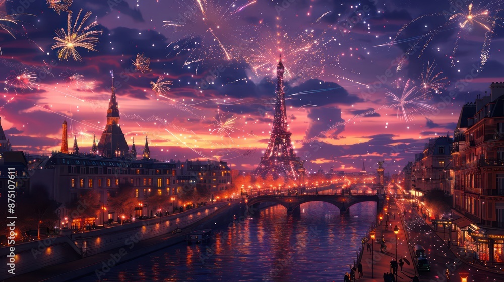 Naklejka premium Fireworks, night view of Paris