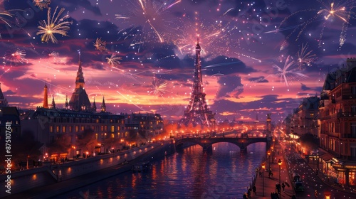 Fireworks, night view of Paris photo