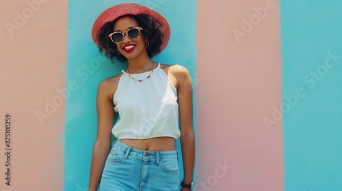 Young woman in a trendy summer outfit, posing against a pastel wall, ready for an Instagram post. photo