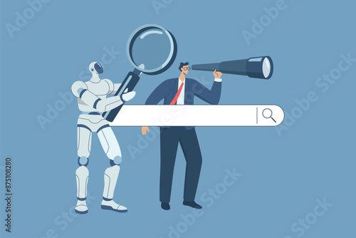 Searching for information online, AI support, Surfing the internet with search engine bar, Search engine optimization, Working with artificial intelligence, Business man with robot using binoculars.