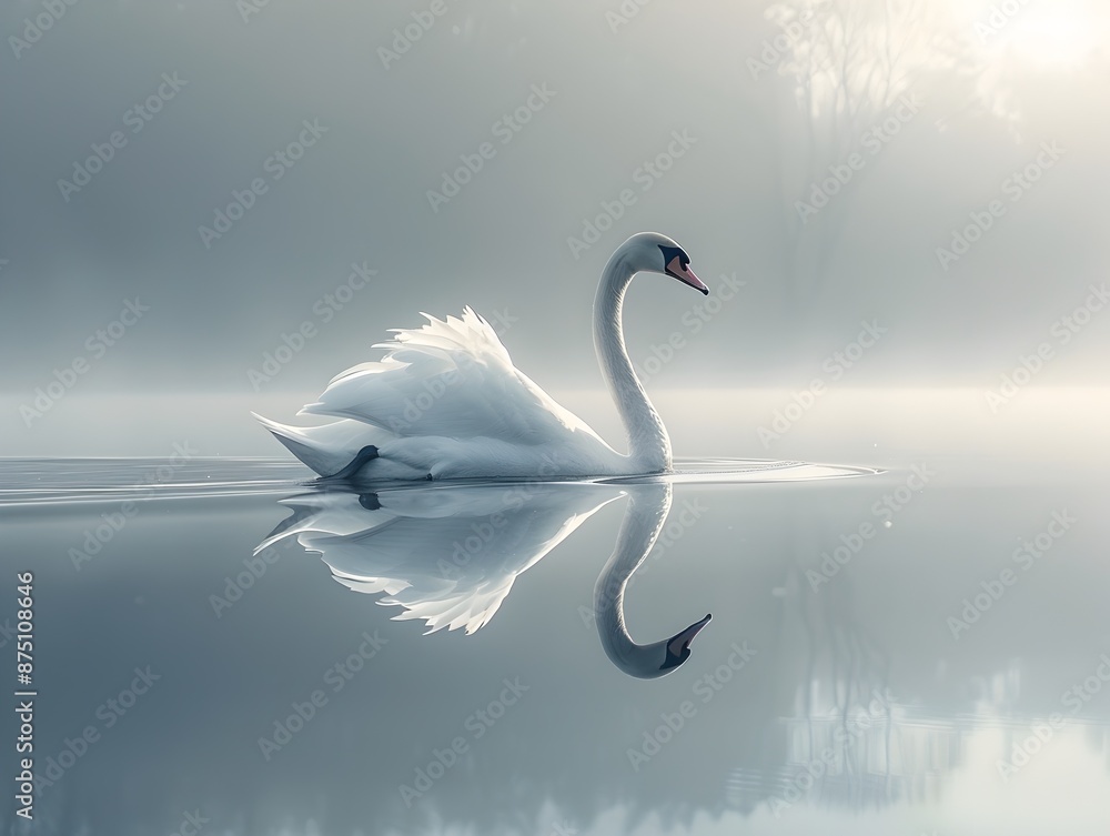 Fototapeta premium Graceful Swan Gliding Across Tranquil Lake with Serene Reflection