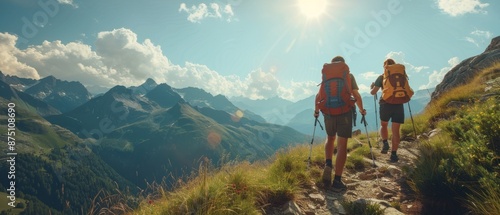 hikers with backpacks trek through a mountain range
