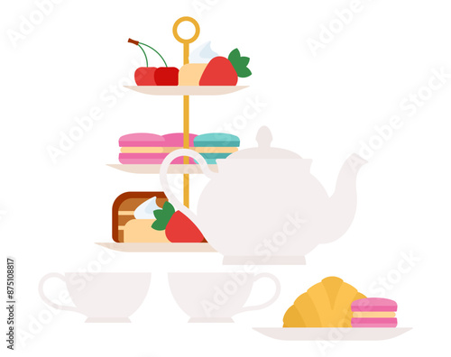 Tea time. Afternoon tea with biscuits and cakes. Porcelain set and dessert stand: french macarons, berries, pastry. Clean and simple style. Vector, isolated