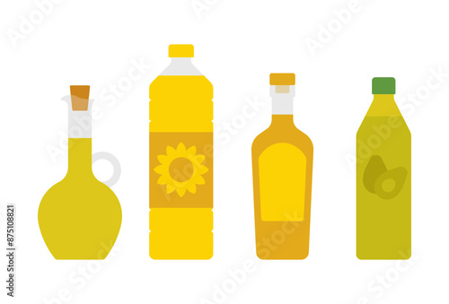 Cooking oil - Olive, sunflower, palm, avocado. Different bottles - corked pitcher, plastic, glass bottle. Types of oil in transparent containers. Minimalist flat illustration, isolated on whites