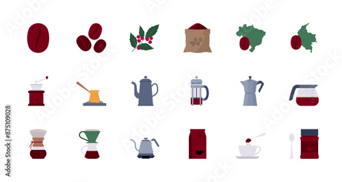 Coffee related icons - grinder, kettle, mocha pot , crave, pour-over, drip coffee, coffee maker, kettle, instant coffee, cup and spoon. Icon set, minimalist style. Stylised flat vector. Isolated