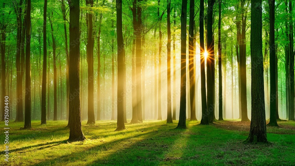 Sunlight Sunrise Streaming Through Forest Trees Sunlight Sunrise Streaming Through Forest Trees